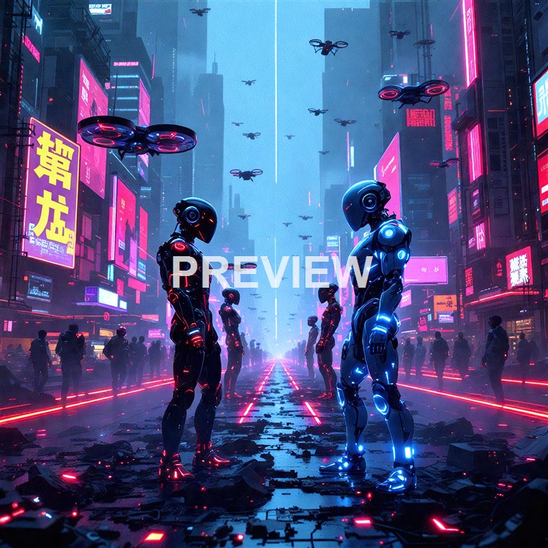The image depicts a futuristic cityscape with neon-lit buildings and billboards, populated by humanoid robots with glowing accents, standing amidst the debris on a street while flying drones hover overhead.